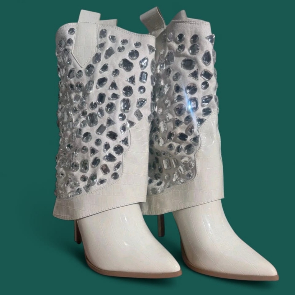 Lauren Lorraine Hana White Rhinestone Stiletto Heel Cowboy Boots 8.5